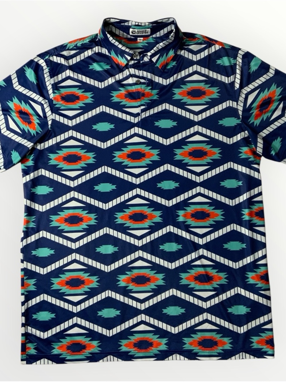 Raised By Coyotes Blue & Orange Geometric Print Polo Size XL #258